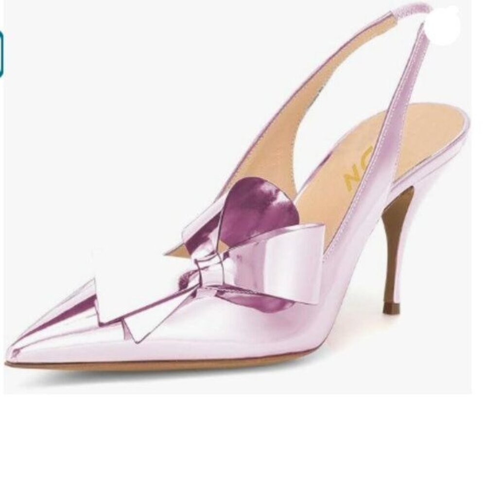 YDN Light Purple Stiletto Mid Heel Pumps Bow Pointed Toe Slingback Slip on Shoes